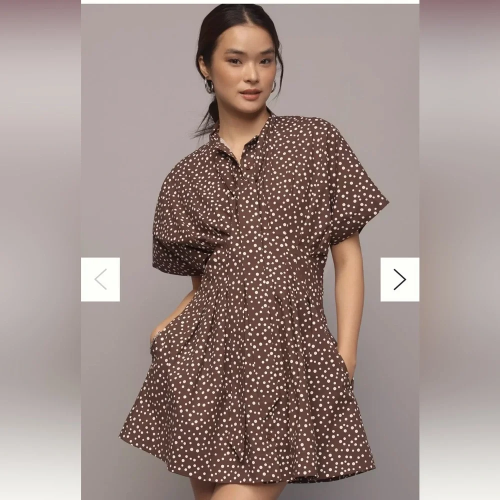 Anthropologie The Tobie Tie-Neck Shirt Dress by Exquise, SP Brown/White Dot  NWT